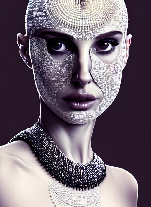 Image similar to portrait of an absurdly beautiful, graceful, sophisticated, fashionable futuristic woman, facial piercings, natalie portman, heavy body modification, hyperdetailed illustration by irakli nadar and alexandre ferra, intricate linework, white porcelain skin, faberge, intricate chrome headdress, dark atmosphere, unreal engine 5 highly rendered, global illumination, radiant light, detailed and intricate environment
