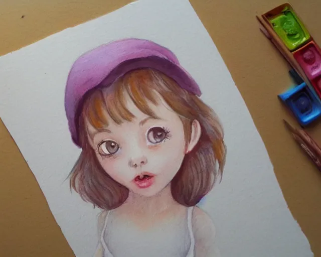 Image similar to a little girl with the ice cream watercolor colored pencil painting trending on artstation