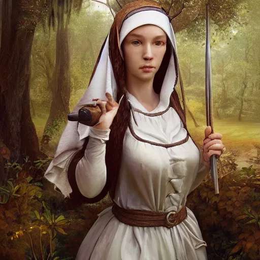 Image similar to A masterpiece portrait of a Incredibly beautiful maid barique renaissance swamp nun girl hunting on deer with russian greyhound medium shot, intricate, elegant, highly detailed. trending on artstation, digital art, by Stanley Artgerm Lau, WLOP, Rossdraws, James Jean, Andrei Riabovitchev, Marc Simonetti, Yoshitaka Amano. background by James Jean and Gustav Klimt, light by Julie Bell, 4k, porcelain skin.