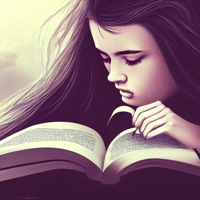 Prompt: a girl reading a book, her hair flowing down, highly detailed, 4 k, hdr, smooth, sharp focus, high resolution, award - winning photo, artgerm, photorealistic