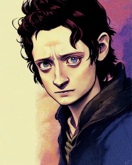 Image similar to poster Anime playing Elijah Wood as Frodo || cute-fine-face, pretty face, realistic shaded Perfect face, fine details. Anime. realistic shaded lighting by Ilya Kuvshinov katsuhiro otomo ghost-in-the-shell, magali villeneuve, artgerm, Jeremy Lipkin and Michael Garmash and Rob Rey Elijah Wood as Frodo