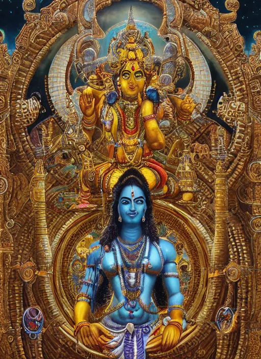 Prompt: highly detailed picture of cybertronic statue of shiva in a hindu temple, edge of the universe, perfectly symmetrical face, elegant, centered, digital painting, artstation, concept art, smooth, sharp focus, illustration, golden ratio, perfect symmetrical, intricate, by boris vallejo, masterpiece, book by gene wolfe, highly detailed painting by gustave dore