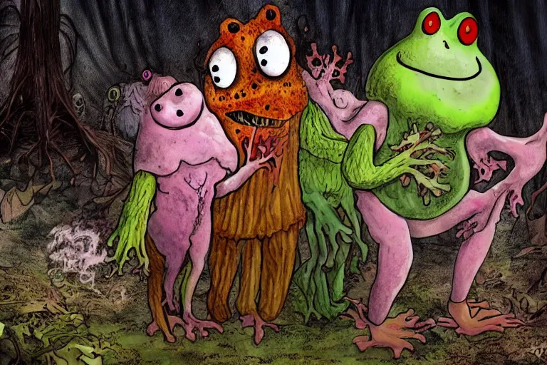 Prompt: a full color still frame from a freaky kids tv show about a gross hairy frog and a sad dumb ghost, tickle fight in the death tent, horror vibe, grunge, despair