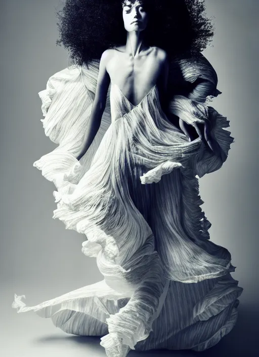 Image similar to a full body portrait of a woman by justin ridler wearing an intricate billowing dress, face in the style of irakli nadar