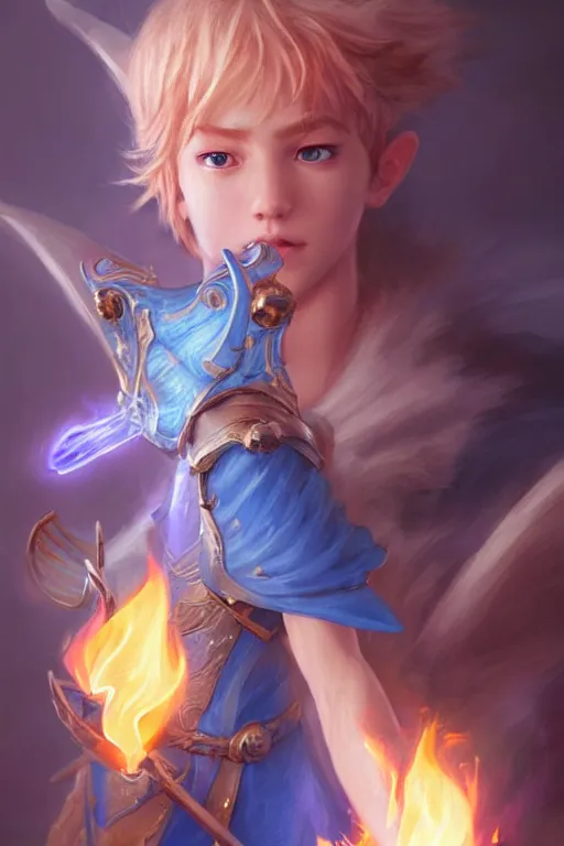 Image similar to legendary fairy prince hold flame staff, blue energy, highly detailed, d & d, fantasy, highly detailed, digital painting, trending on artstation, concept art, sharp focus, illustration, global illumination, ray tracing, realistic shaded, art by artgerm and greg rutkowski and fuji choko and viktoria gavrilenko and hoang lap