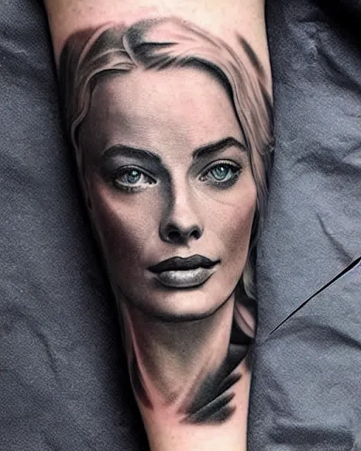 Image similar to creative double exposure effect tattoo design sketch of margot robbie face faded in beautiful mountain scenery, realism tattoo, in the style of matteo pasqualin, amazing detail, sharp