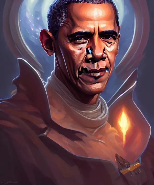 Prompt: Obama as a fantasy magic man portrait, sci-fi, amber eyes, face, fantasy, intricate, elegant, highly detailed, digital painting, artstation, concept art, smooth, sharp focus, illustration, art by artgerm and greg rutkowski and alphonse mucha