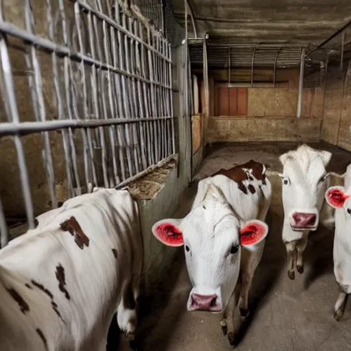 Image similar to inmates with cow heads inside a jailcell