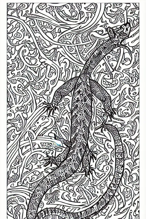 Image similar to lizard, ornaments, fractal, ink drawing, line art colouring page