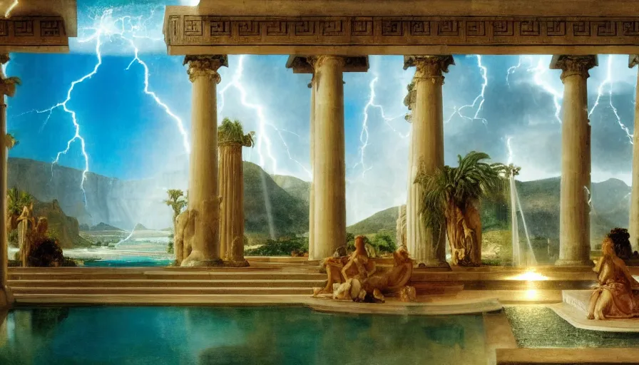 Image similar to Inside the giant Palace, mediterranean balustrade and columns line, refracted sparkles, thunderstorm, greek pool, beach and Tropical vegetation on the background major arcana sky and occult symbols, by paul delaroche, hyperrealistic 4k uhd, award-winning, very detailed paradise