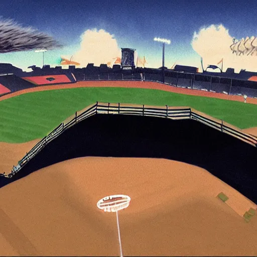 Image similar to baseball tidal wave over 1940s baseball park, concept art, by Takumi Park, surreal