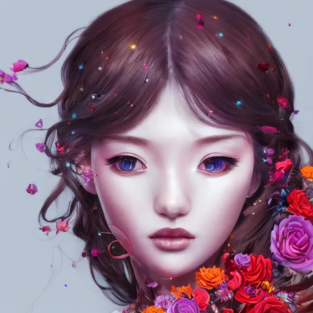 Image similar to studio portrait absurdly beautiful, elegant, lovely, young hypercolorful sensual anime woman rubies red petals gems, ultrafine hyperrealistic detailed face illustration by kim jung gi, irakli nadar, intricate linework, sharp focus, bright colors, matte, octopath traveler, final fantasy, unreal engine highly rendered, global illumination, radiant light, intricate rainbow environment