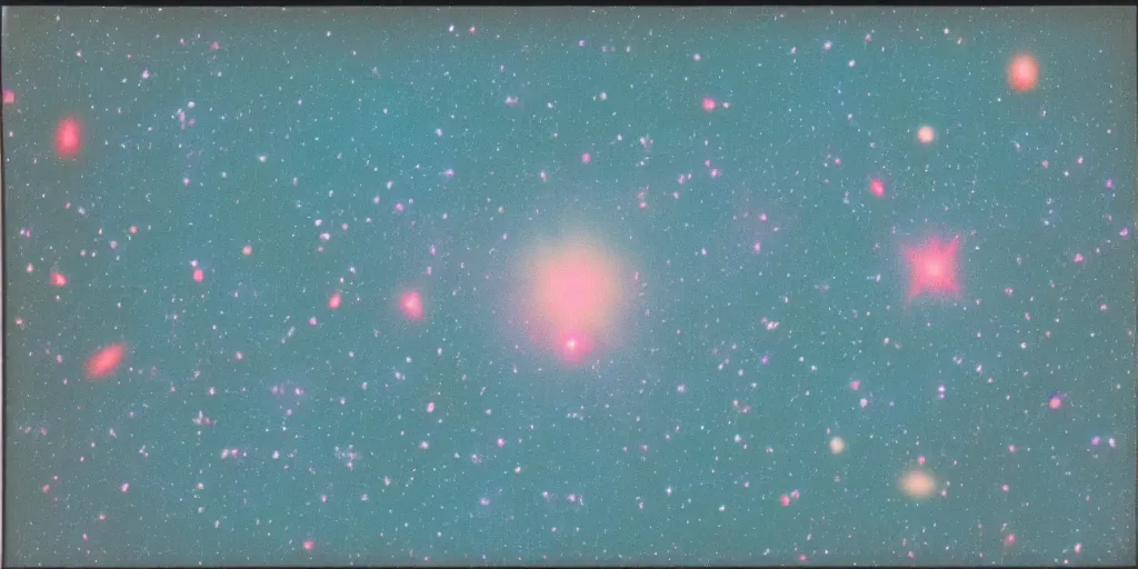 Image similar to polaroid photo of an ufo in a colourful galaxy, twinkling stars, cyan blue pink and red color bleed, slight lens glare