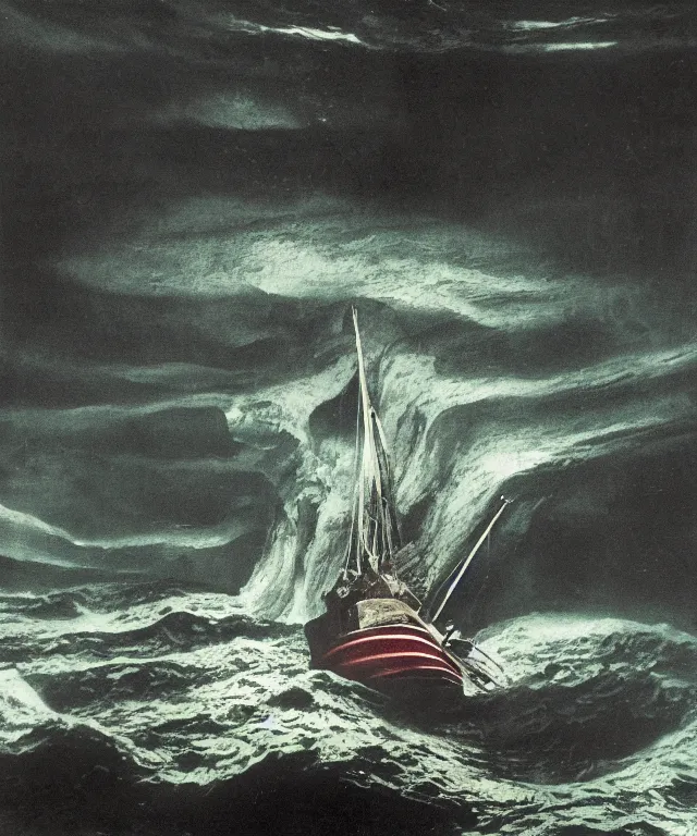Image similar to color photo of a 1 9 2 5 seiner sailing with the jamaican shoreline with the mouth of a sea cave at the waterline, dark, brooding, atmospheric, seascape, lovecraft, horror, smooth, epic, highly detailed, cinematic, annie lebowitz