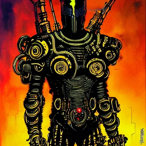 Prompt: cyberpunk knight, upper body, atmospheric lighting, painted, intricate, golden hour, ultra detailed by philippe druillet