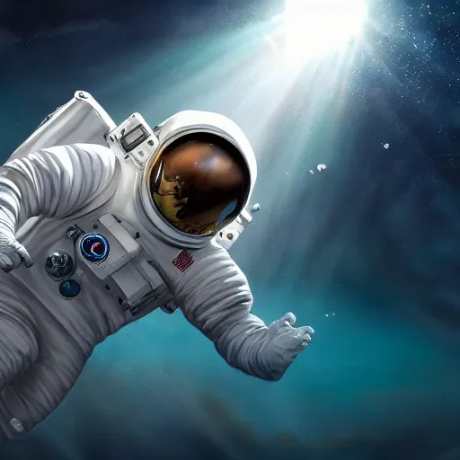 Prompt: an astronaut floating horizontally in the middle of deep underwater being hit by sun rays, trending on art station, atmosphere, concept art, photo realistic, high detailed