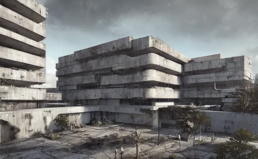 Image similar to Brutalist architecture buildings, octane render, artstation trending, horror scene, highly detailded