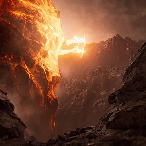 Image similar to intricate digital art of the god of the forge, resides in the mountains, in solitude, waiting, for his rematch, vs his eternal rival, epic confrontation, breathtaking, cinematic, dramatic, octane, arnold, physically based render, 8 k, uhd, unreal engine 5, award - winning movie