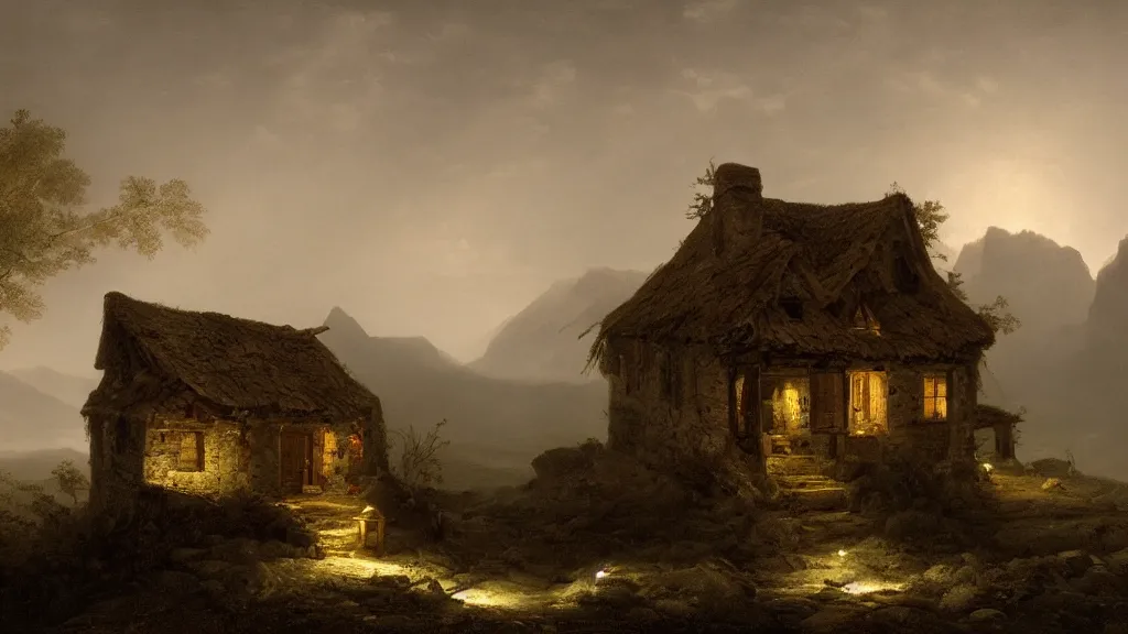 Image similar to A singular rotting cottage on a mountaintop at night, by Hubert Robert, hyperrealistic, Blender 8k UHD