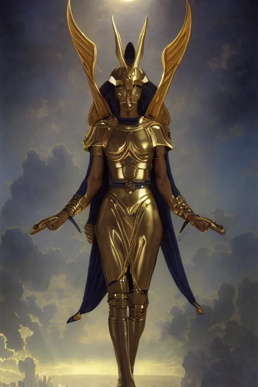 Image similar to Mystical Valkyrie, Portrait of a beautiful female Anubis warrior, Regal, Realistic, Refined, Detailed Digital Art, Oil Painting, William-Adolphe Bouguereau, Michael Cheval, Esao Andrews, Steampunk, Walt Disney (1937), Highly Detailed, Cinematic Lighting, Unreal Engine, 8k, HD
