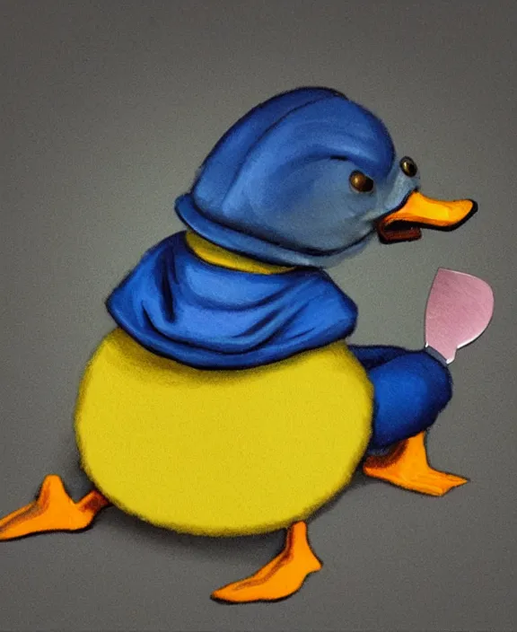 Prompt: a duck with a blue hat robbing a bank with 2 knives, photorealistic