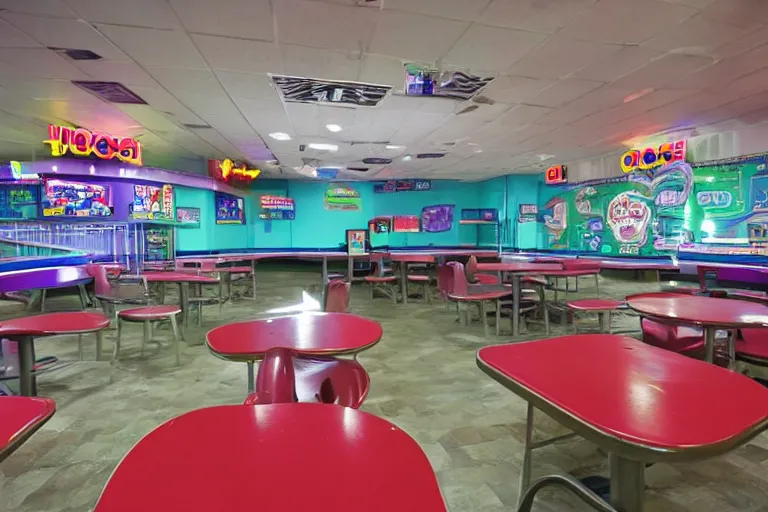 Prompt: inside an abandoned Chuck E Cheese