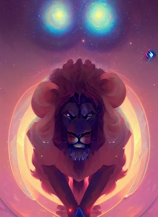 Image similar to symmetry!! leo the lion!!!! highly detailed, high contrast, light reflection, trippy, nebula, trending on art station by artgem, by peter mohrbacher, by wlop, by ruan jia