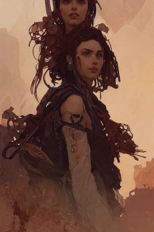 Prompt: A full portrait of a beautiful post apocalyptic Bedouin explorer, intricate, elegant, highly detailed, digital painting, artstation, concept art, smooth, sharp focus, illustration, art by Krenz Cushart and Artem Demura and alphonse mucha