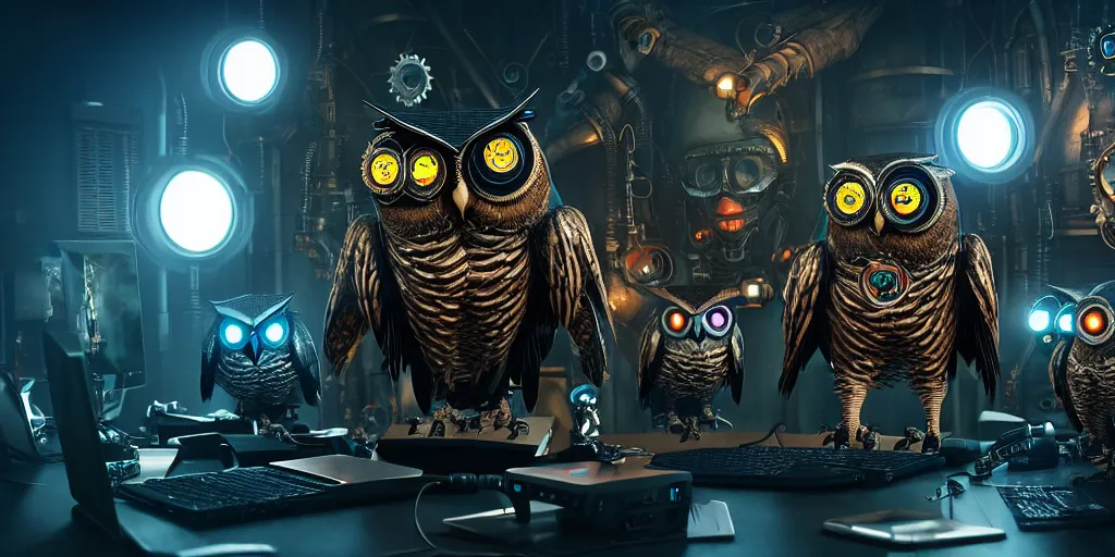 Image similar to an giant evil, malevolent, cyborg owls looking at a computer, surrounded by computer screens. steampunk. this 4 k hd image is trending on artstation, featured on behance, well - rendered, extra crisp, features intricate detail and the style of unreal engine. volumetric lighting octane render