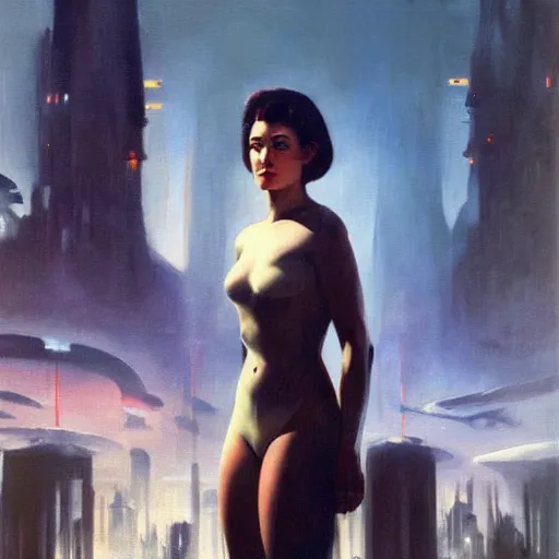 Image similar to ultra realistic portrait painting of maia sandu in futuristic sci - fi city, art by frank frazetta, 4 k, ultra realistic, highly detailed, epic lighting