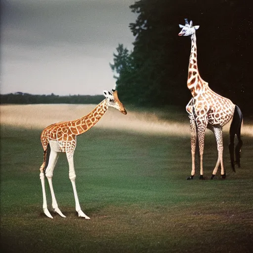 Image similar to a portra 800 photograph of a hybrid between a giraffe and a swan