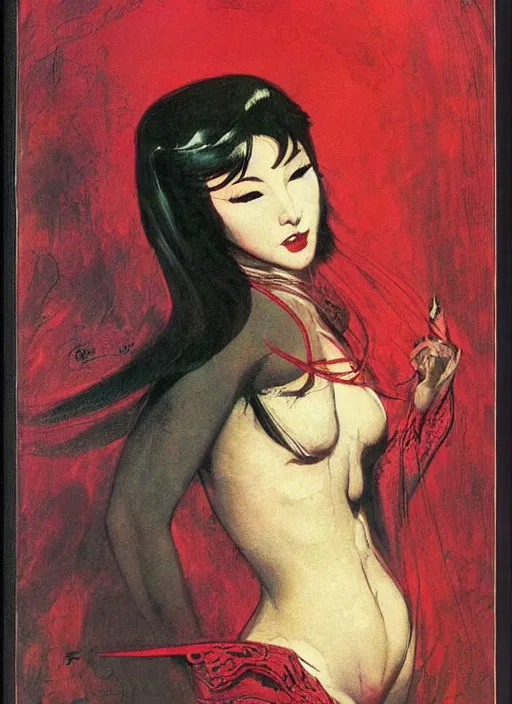 Image similar to svelt iranian korean vampiress, jeweled veil, strong line, saturated color, beautiful! coherent! by frank frazetta, high contrast, minimalism