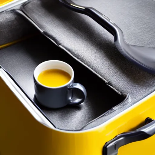 Image similar to yellow coffee mug similar to a rimowa aluminium suitcase, full of steaming coffee