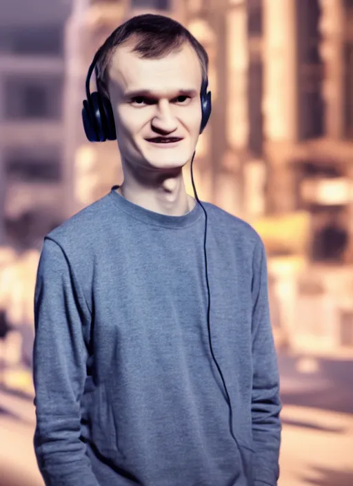 Image similar to vitalik buterin in headphones. vitalik buterin, medium shot, perfect symmetric face, coherent eyes, cute happy face, fine details., very sharp, 4 k, pixar, octane render, hans zatska