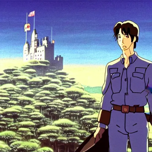 Image similar to a still of keanu reeves in castle in the sky ( 1 9 8 6 ) studio ghibli art style. hayao miyazaki imagination