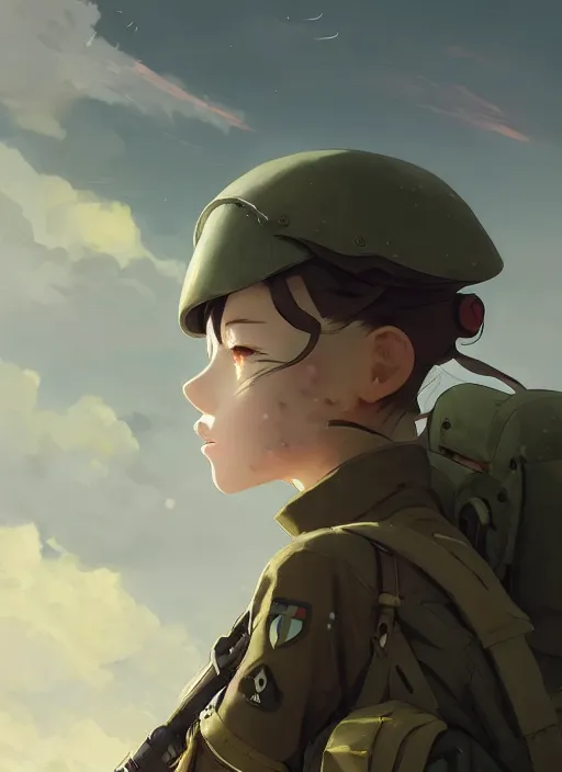 Image similar to portrait of cute soldier girl, cloudy sky background lush landscape illustration concept art anime key visual trending pixiv fanbox by wlop and greg rutkowski and makoto shinkai and studio ghibli and kyoto animation soldier clothing military gear realistic anatomy mechanized modern warfare