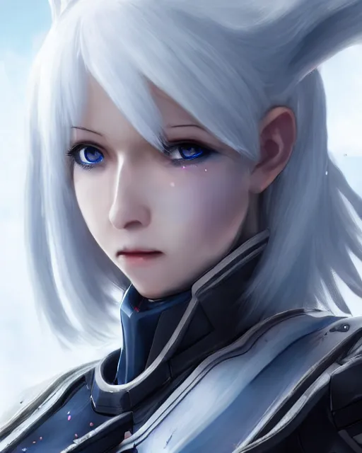 Image similar to perfect white haired girl, warframe armor, beautiful, dreamy, half asian, pretty face, blue eyes, detailed, windy weather, scifi platform, laboratory, experiment, 4 k, ultra realistic, epic lighting, cinematic, high detail, masterpiece, akihito tsukushi