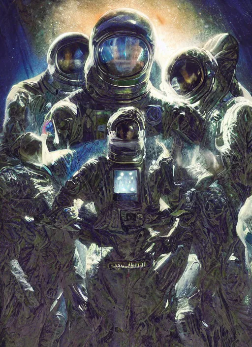 Image similar to astronauts in the dark infinite underwater void - complex and hyperdetailed technical suit, fabric material. reflection and dispersion materials. rays and dispersion of light. volumetric light. wide angle, f / 3 2. noise film photo. flash photography. ultra realistic, wide angle. poster by wayne barlowe, hajime sorayama aaron horkey, craig mullins