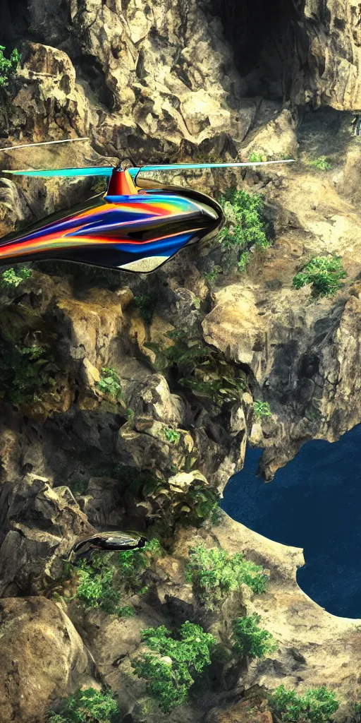 Prompt: a futuristic helicopter hovering in a cave overlooking the ocean, jurassic landscape, 4 k, hyper realistic, coherent design, symmetrical, vivid colour, complementary colour, golden ratio, detailed, sharp lines, intricate, rainbow shift, in unreal 3 d engine, ray tracing, octane render