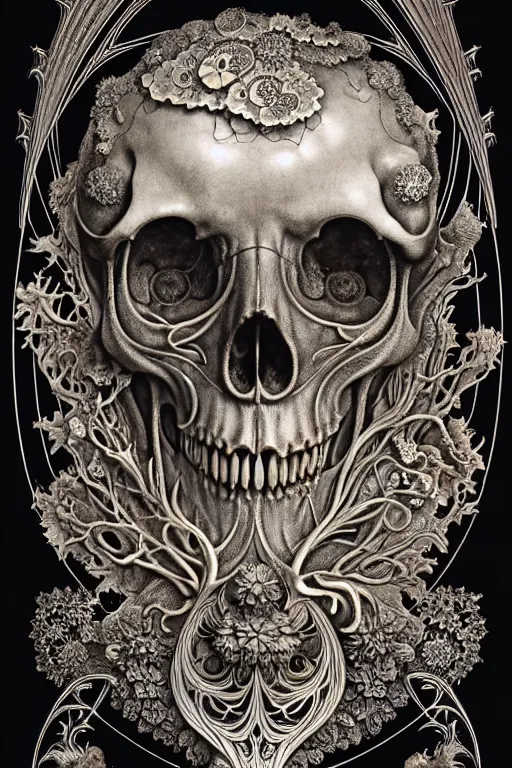 Image similar to art forms of nature by ernst haeckel, memento mori by arthur rackham, ornate antique porcelain beautiful skull mask, ultrasharp, photorealistic, hyperdetailed, octane render, polished, art nouveau, neo - gothic, gothic, intricate ornamental organic filigree, art nouveau botanicals, art forms of nature by ernst haeckel, horizontal symmetry, symbolist, visionary