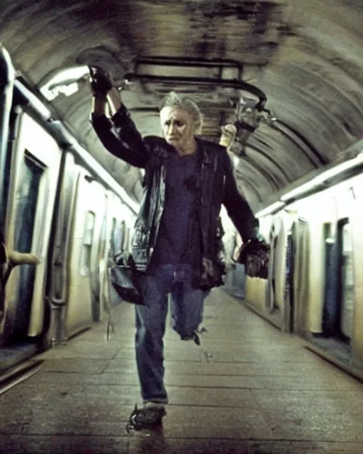 Image similar to movie villain, actor david patrick kelly, 2 5 years old, practicing with his glowing nunchucks while riding a post apocalyptic subway train filled with mutants, movie dreamscape