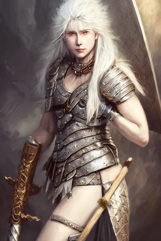 Prompt: A realistic anime portrait of a beautiful white haired female barbarian wearing an intricate viking armor, digital painting, by Stanley Artgerm Lau, Sakimichan, WLOP and Rossdraws, digital painting, painterly, Pixiv, Deviantart, golden ratio, rule of thirds, good composition, HD, 8k, award winning, promo art, splash art, rpg, jrpg, dungeons and dragons, DND, trending on ArtStation