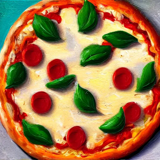 Prompt: an impasto oil painting of a pizza magherita, 4 k resolution, italy, white red and green color schemea