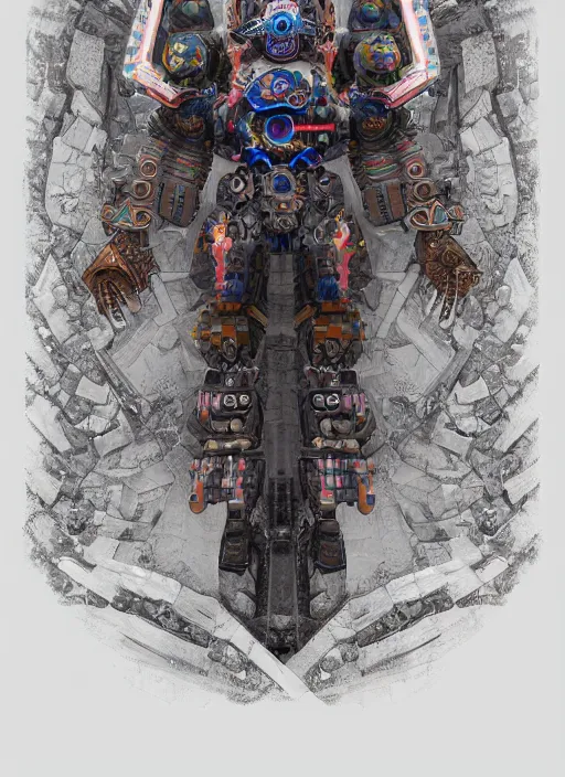 Image similar to mech warrior with complex fractal aztec Ornaments, neural link to an interdimensonal Portal, trending on artstation