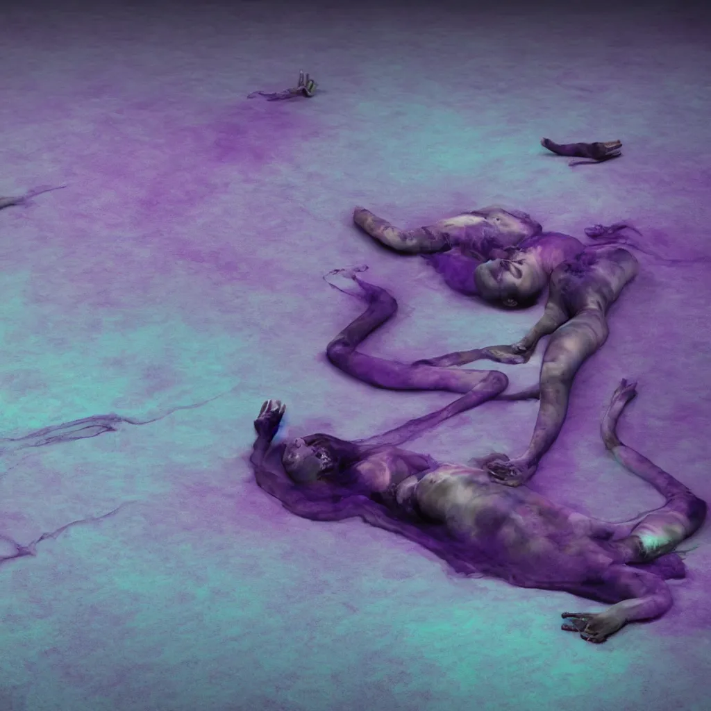 Prompt: iridiscent oil spill with women corpses connected by cables and computers to wax forms to a buried baby relaxing on yoga mat, faded, purple gradient, dust, purple fog, depth of field, by nadav kander and hans bellmer, 8 k, ultrarealistic, sad atmosphere, cinematic, 8 5 mm lens