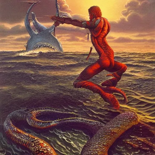 Image similar to lone soldier fighting sea serpent, illustration by Michael Whelan, imaginative realism, fantasy art, visionary art, acrylic, smooth blending