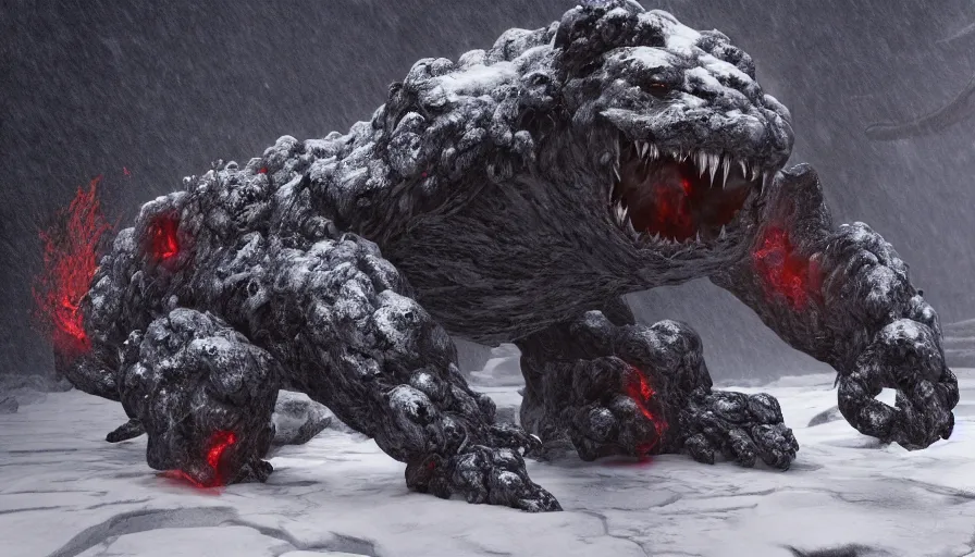 Prompt: Lava monster walking in the snow, hyperdetailed, artstation, cgsociety, 8k