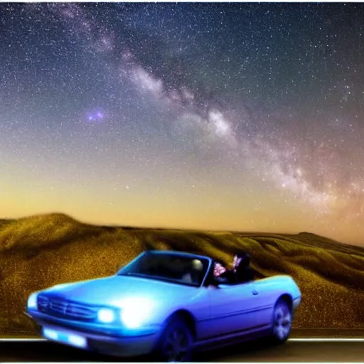 Image similar to realistic photo of man and woman in a convertible car parked near a cliff, gazing at the stars. big dipper. romantic