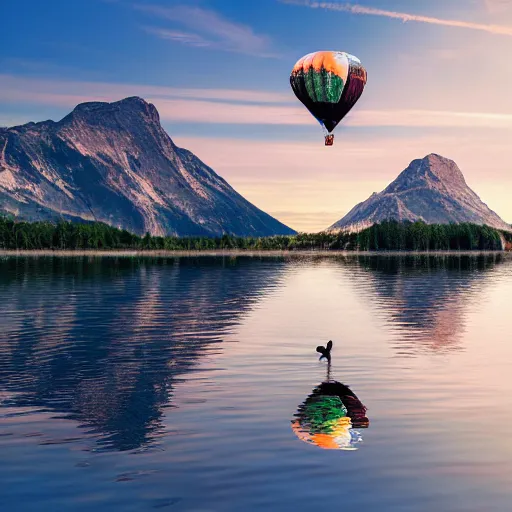 Image similar to photo of two black swans touching heads in a beautiful reflective mountain lake, a colorful hot air balloon is flying above reflecting off water, hot air balloon, intricate, 8k highly professionally detailed, centered, HDR, CGsociety