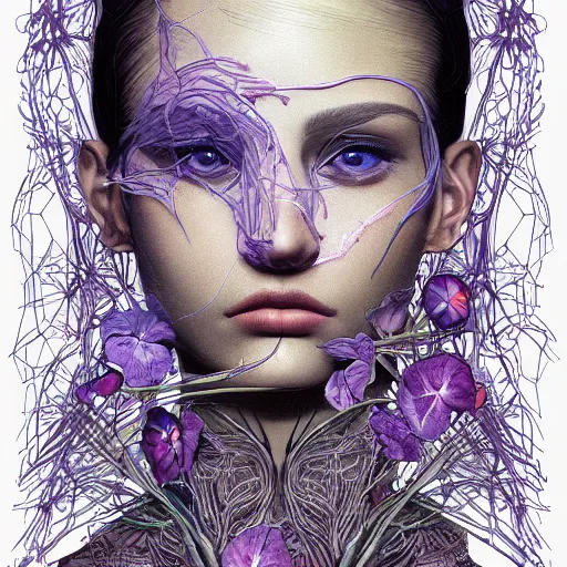 Prompt: the head of an unbelievably elegant and beautiful woman partially made of potatoes roots and violets, an ultrafine detailed illustration by james jean, final fantasy, intricate linework, bright colors, behance contest winner, vanitas, angular, altermodern, unreal engine 5 highly rendered, global illumination, radiant light, detailed and intricate environment